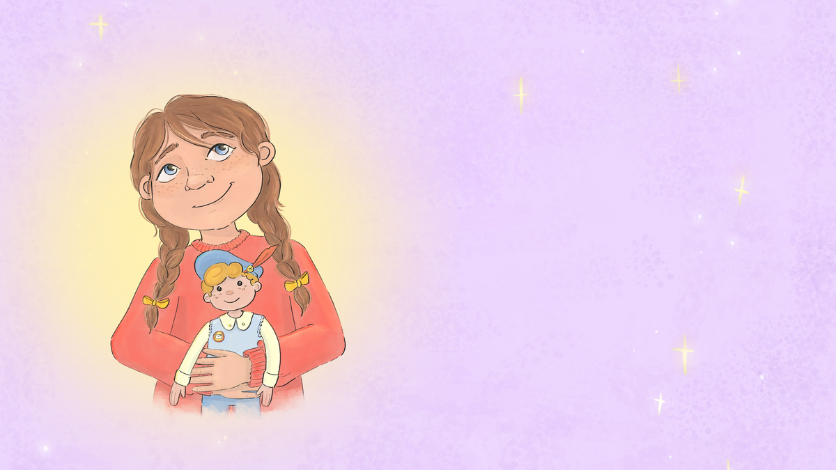 Illustratie van een meisje met de knuffelpop Piet die 't Ziet tegen een lila sterrenhemel