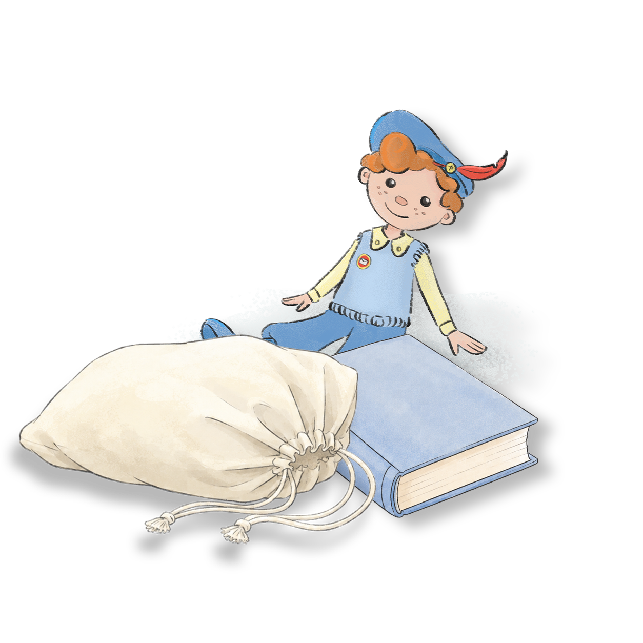 Illustratie van Piet die 't Ziet zittend op het boek naast een linnen zak